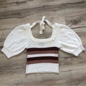 Knit MINKPINK White with Brown Colourblock Balloon Sleeve Crop